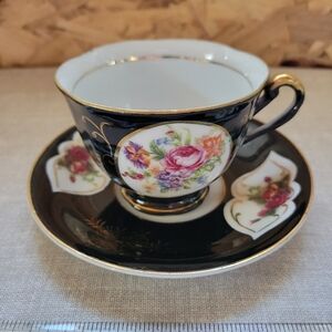 Floral Black Teacup and Saucer Set (T1)